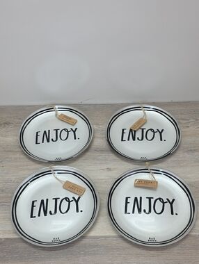 New With Tags Rae Dunn "ENJOY" 8" Silver & Black Glass Plates Set Of 4